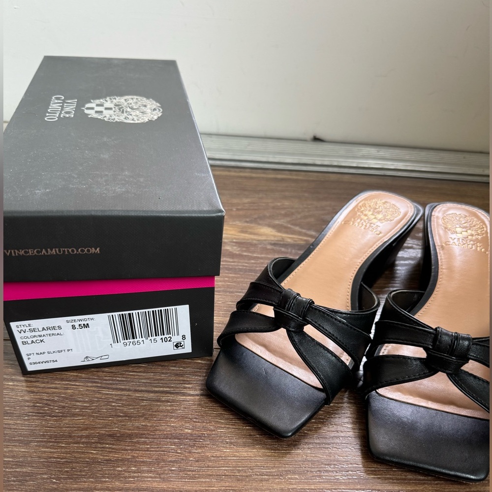 Vince Camuto Black Strappy Square-Toe Slide Sandals
